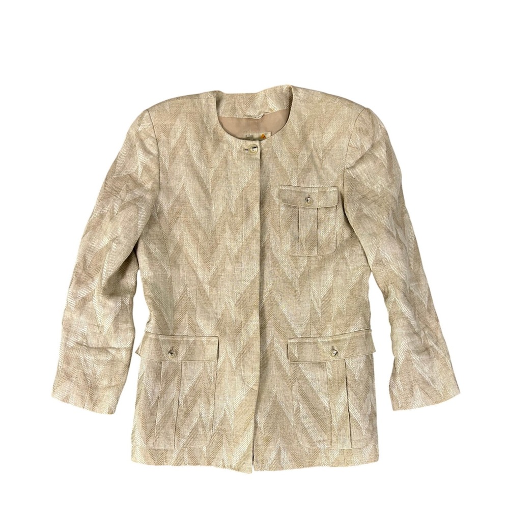 Vintage Liz Claiborne Womens Beige Textured Zig Zag Linen Blazer‎ Jacket Size 12